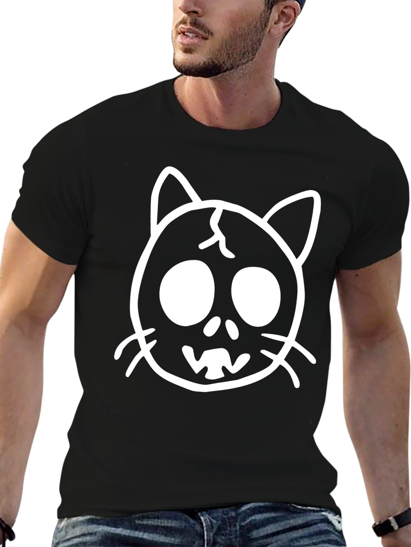 Camiseta Negra con Diseño de Gato Esquelético