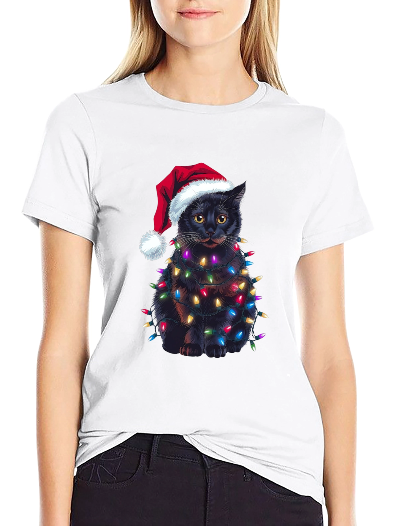 Camiseta Gato Navideño con Luces - Regalo Divertido