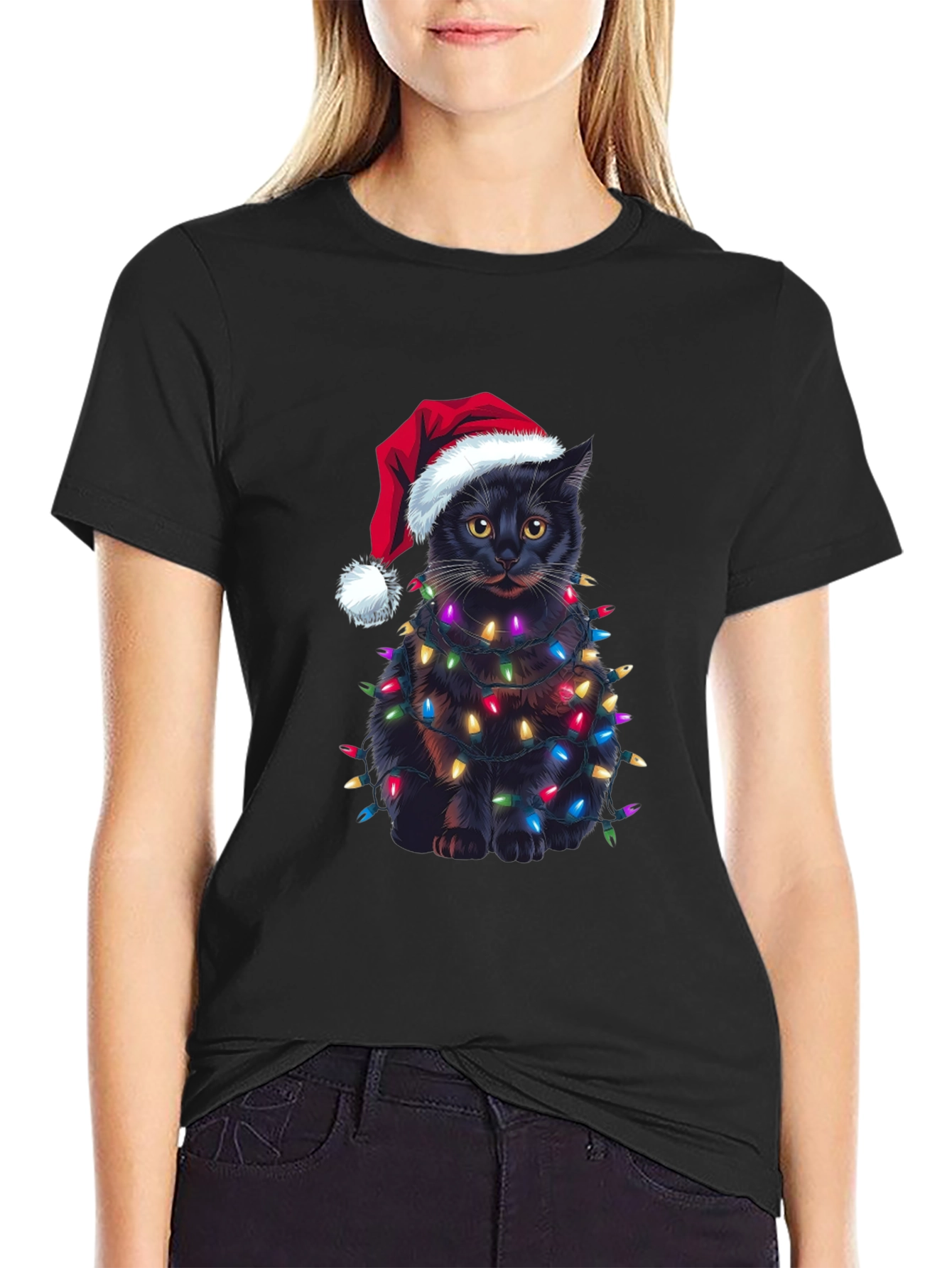 Camiseta Gato Navideño con Luces - Regalo Divertido