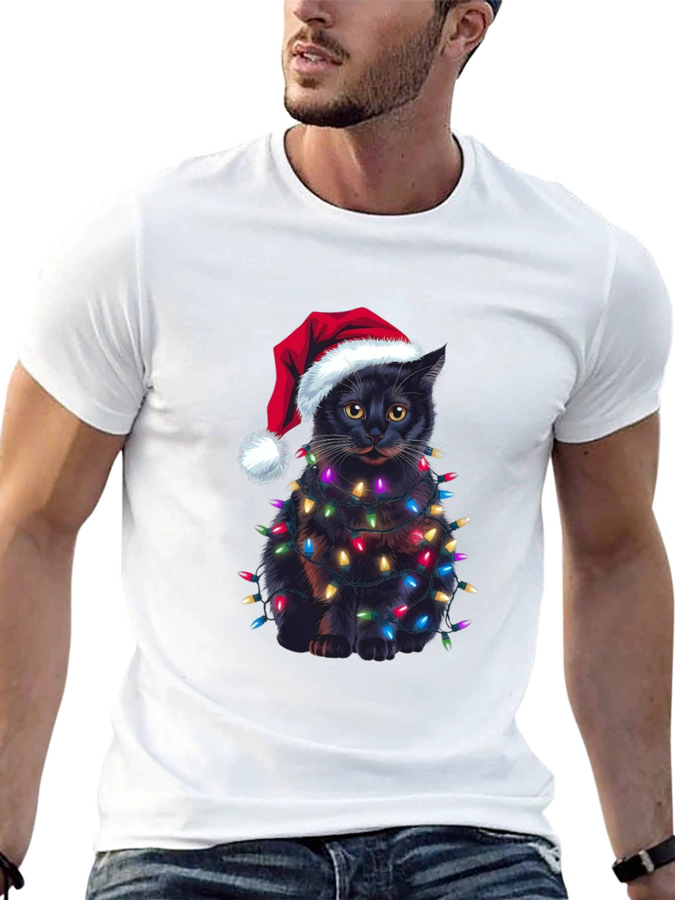 Camiseta Gato Navideño con Luces - Regalo Divertido