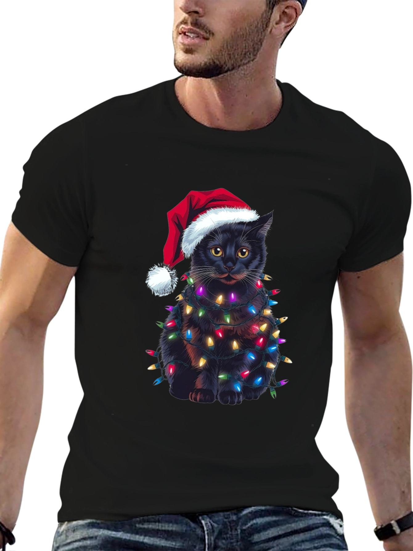 Camiseta Gato Navideño con Luces - Regalo Divertido