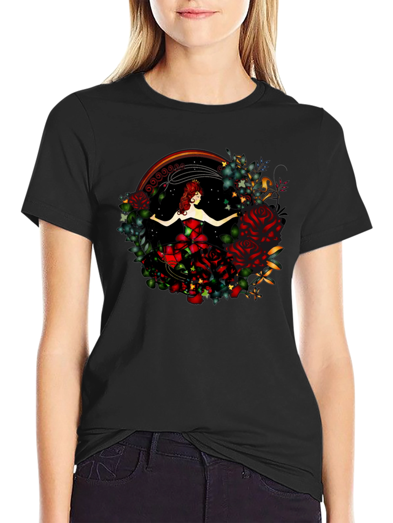 Camiseta Negra con Diseño de Rosa y Bailarina