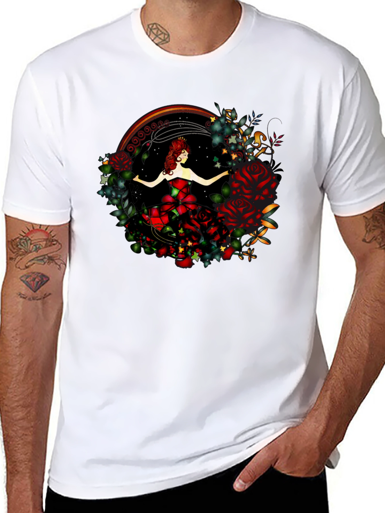 Camiseta Negra con Diseño de Rosa y Bailarina