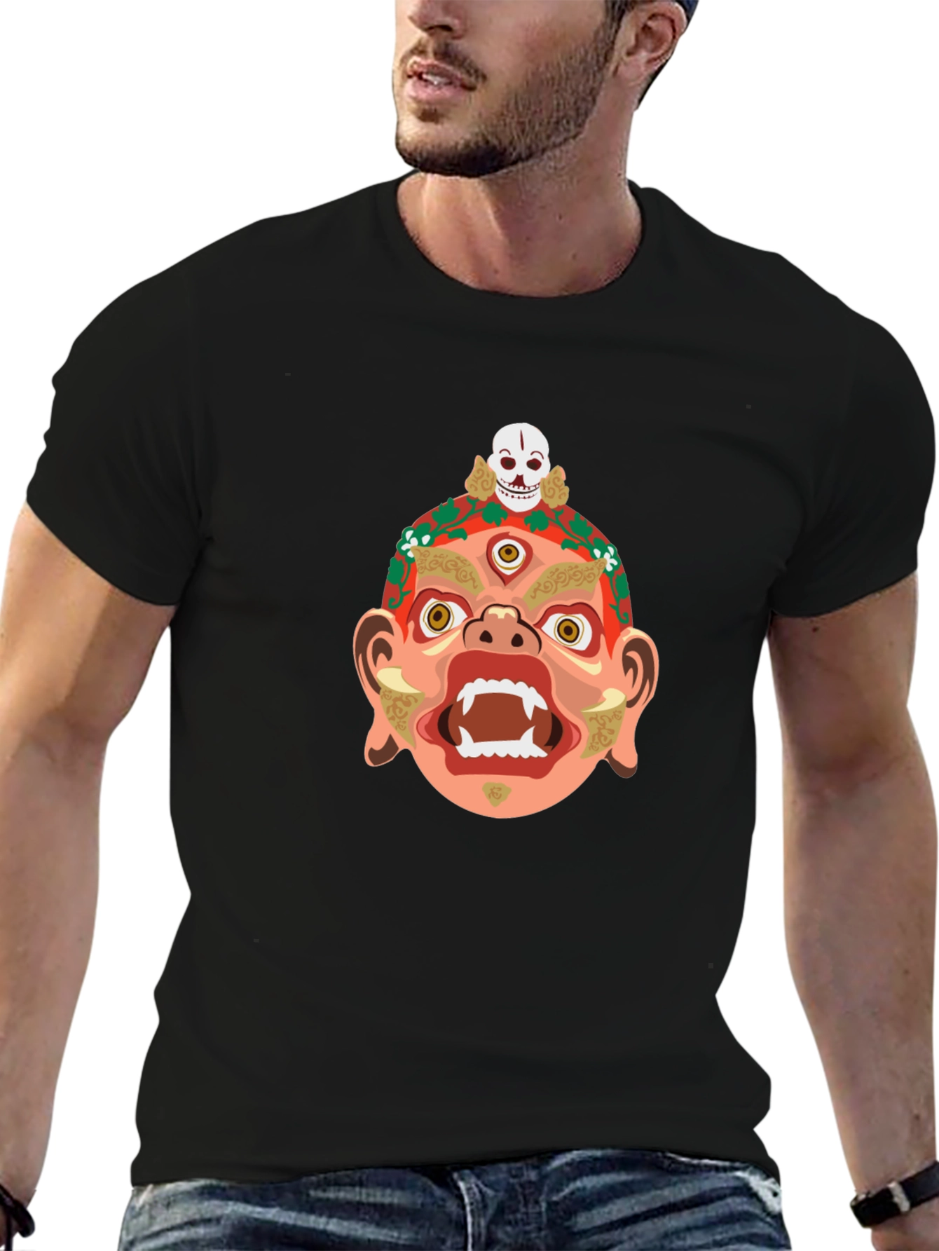 Camiseta Negra con Diseño de Máscara Tribal