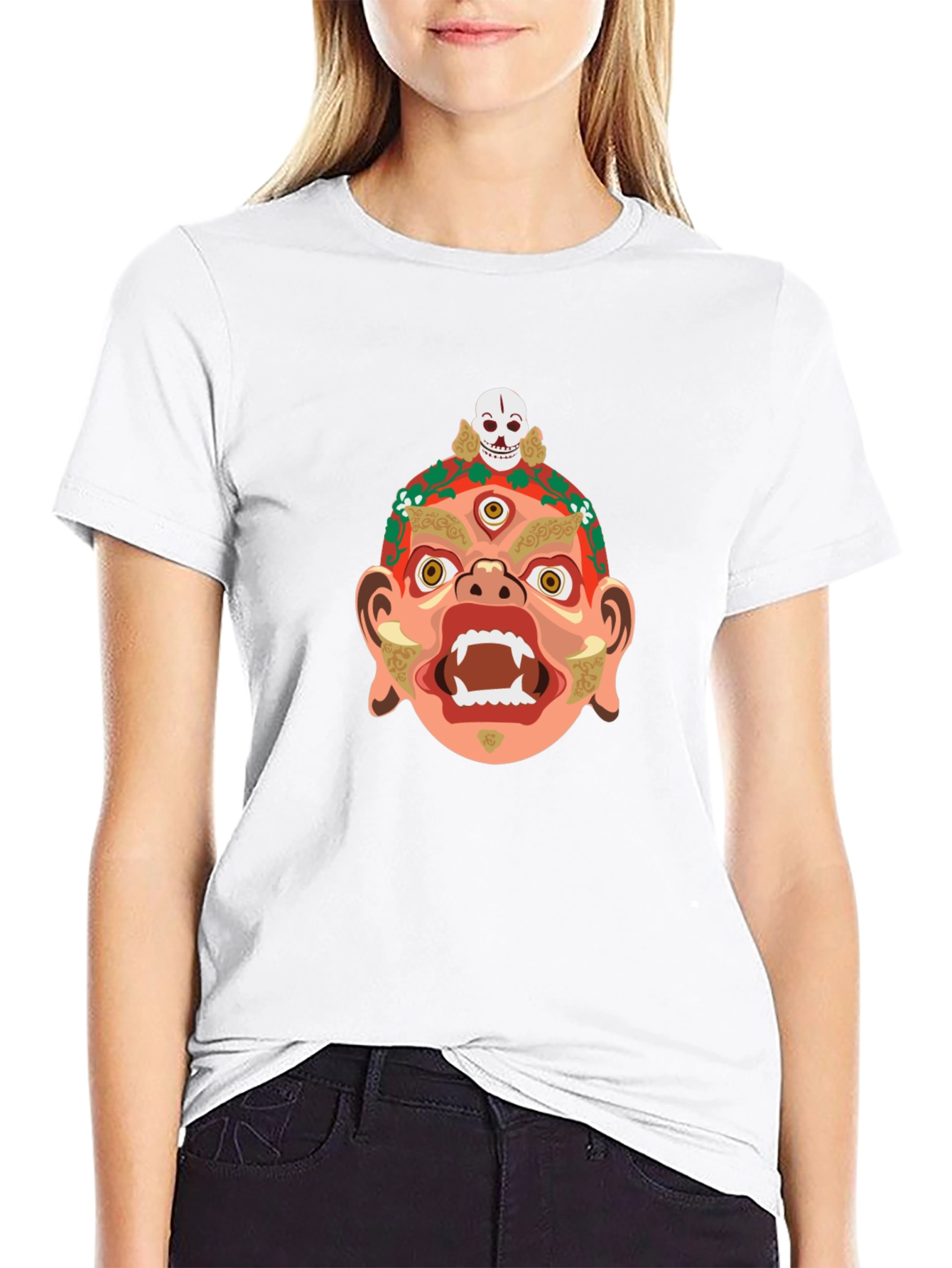 Camiseta Negra con Diseño de Máscara Tribal