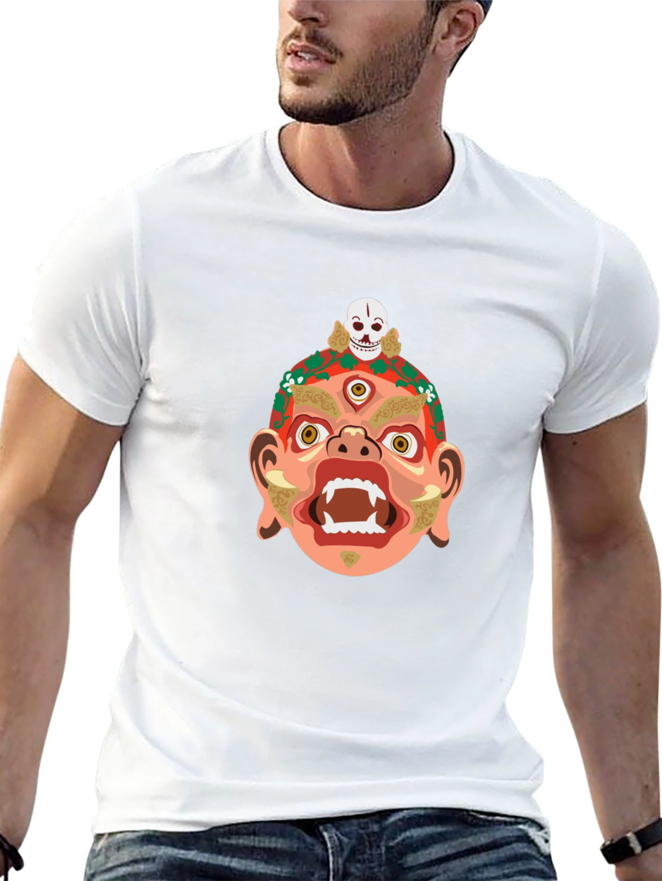 Camiseta Negra con Diseño de Máscara Tribal