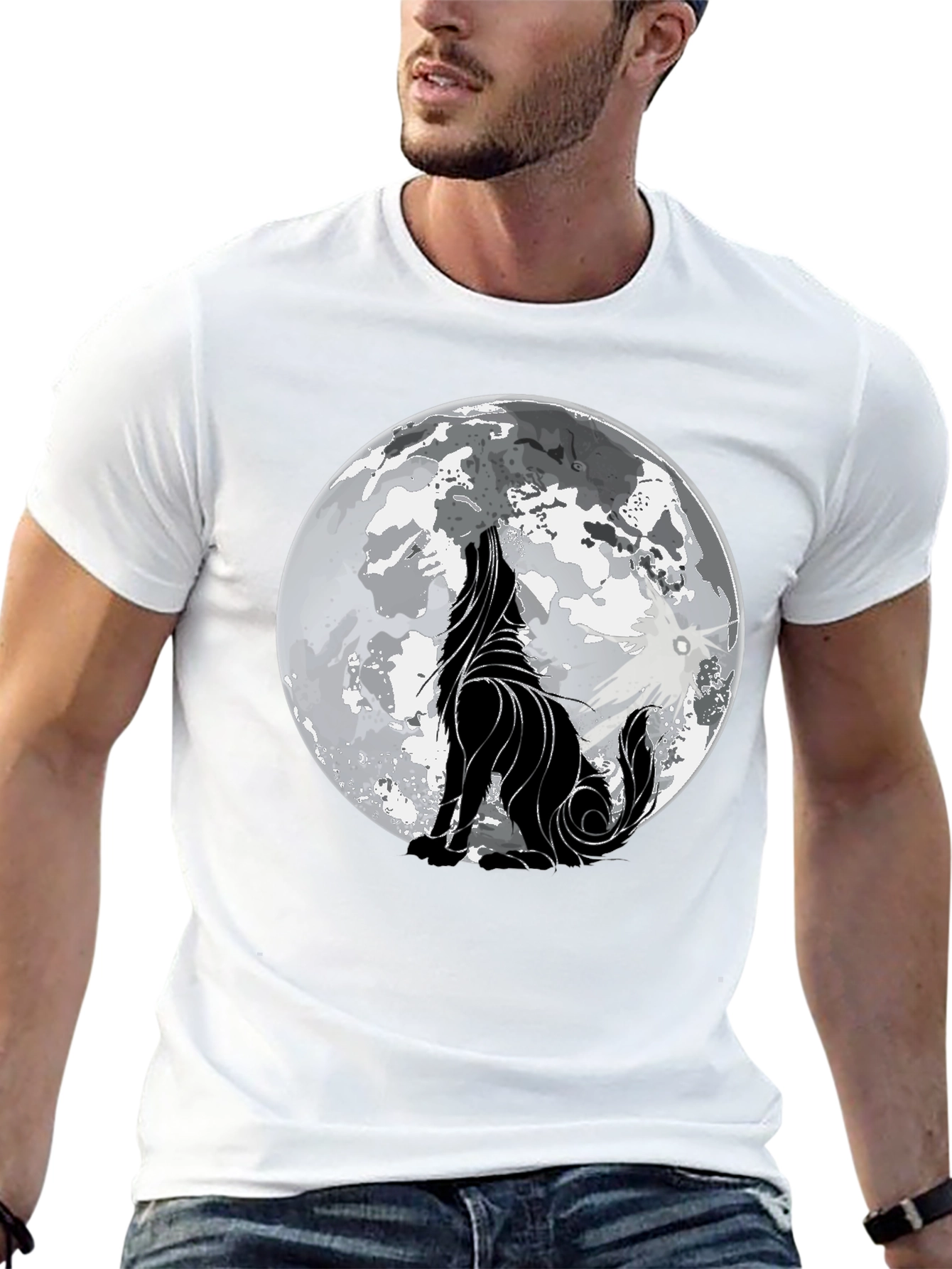 Camiseta Hombre Negra con Lobo Aullando a la Luna