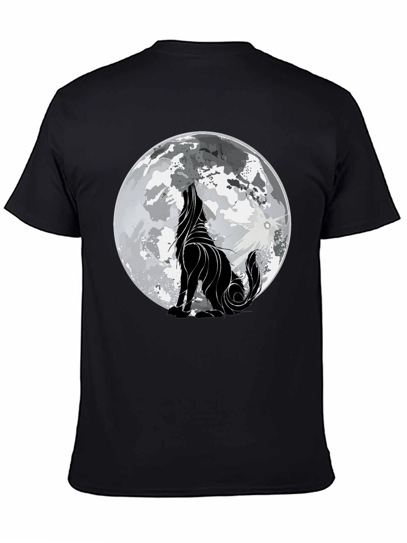 Camiseta Hombre Negra con Lobo Aullando a la Luna