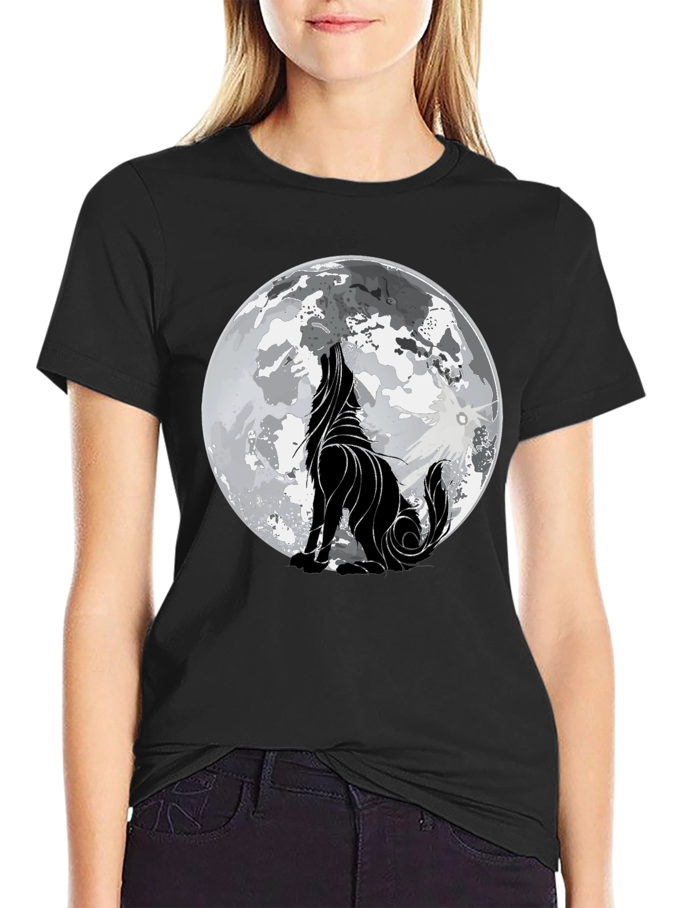 Camiseta Hombre Negra con Lobo Aullando a la Luna