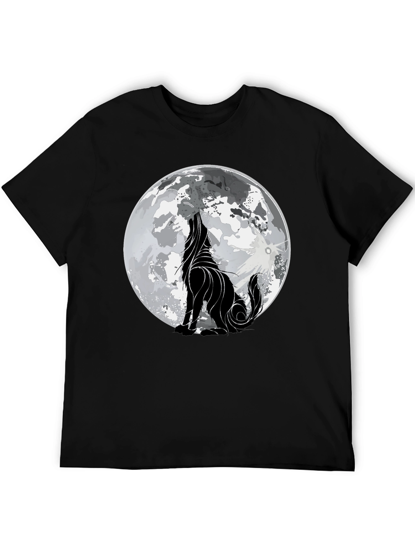 Camiseta Hombre Negra con Lobo Aullando a la Luna