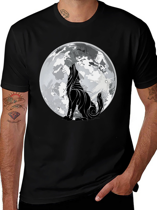 Camiseta Hombre Negra con Lobo Aullando a la Luna