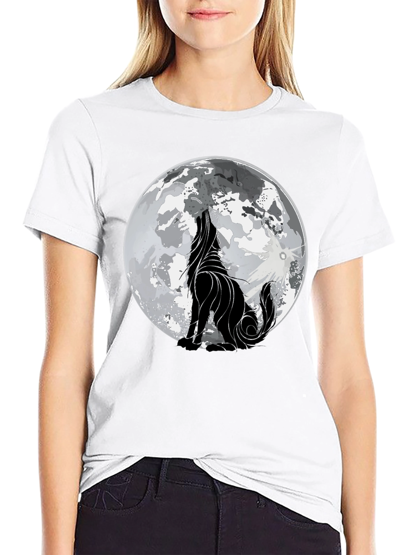 Camiseta Hombre Negra con Lobo Aullando a la Luna