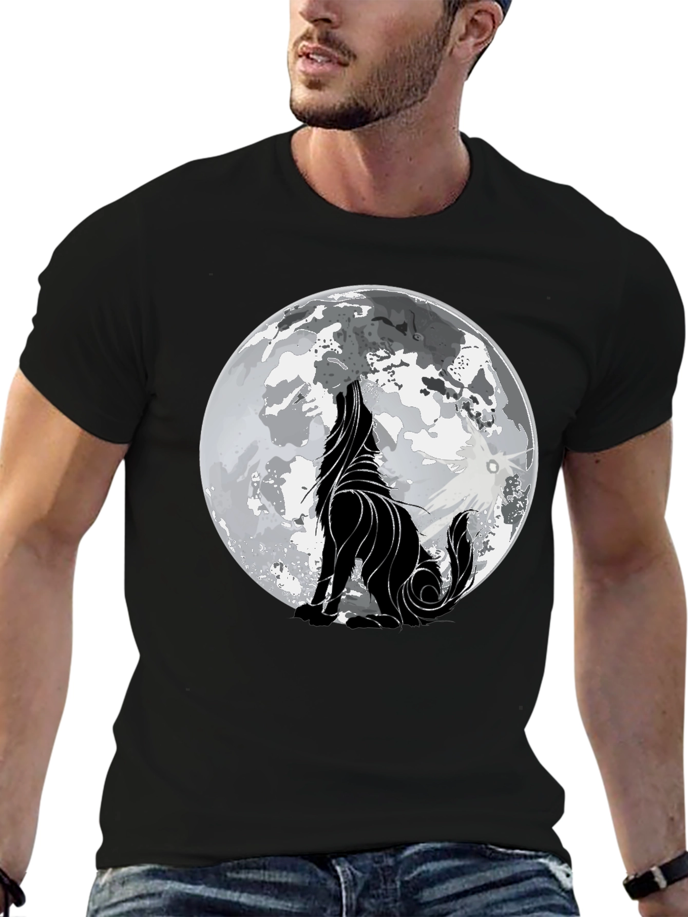 Camiseta Hombre Negra con Lobo Aullando a la Luna