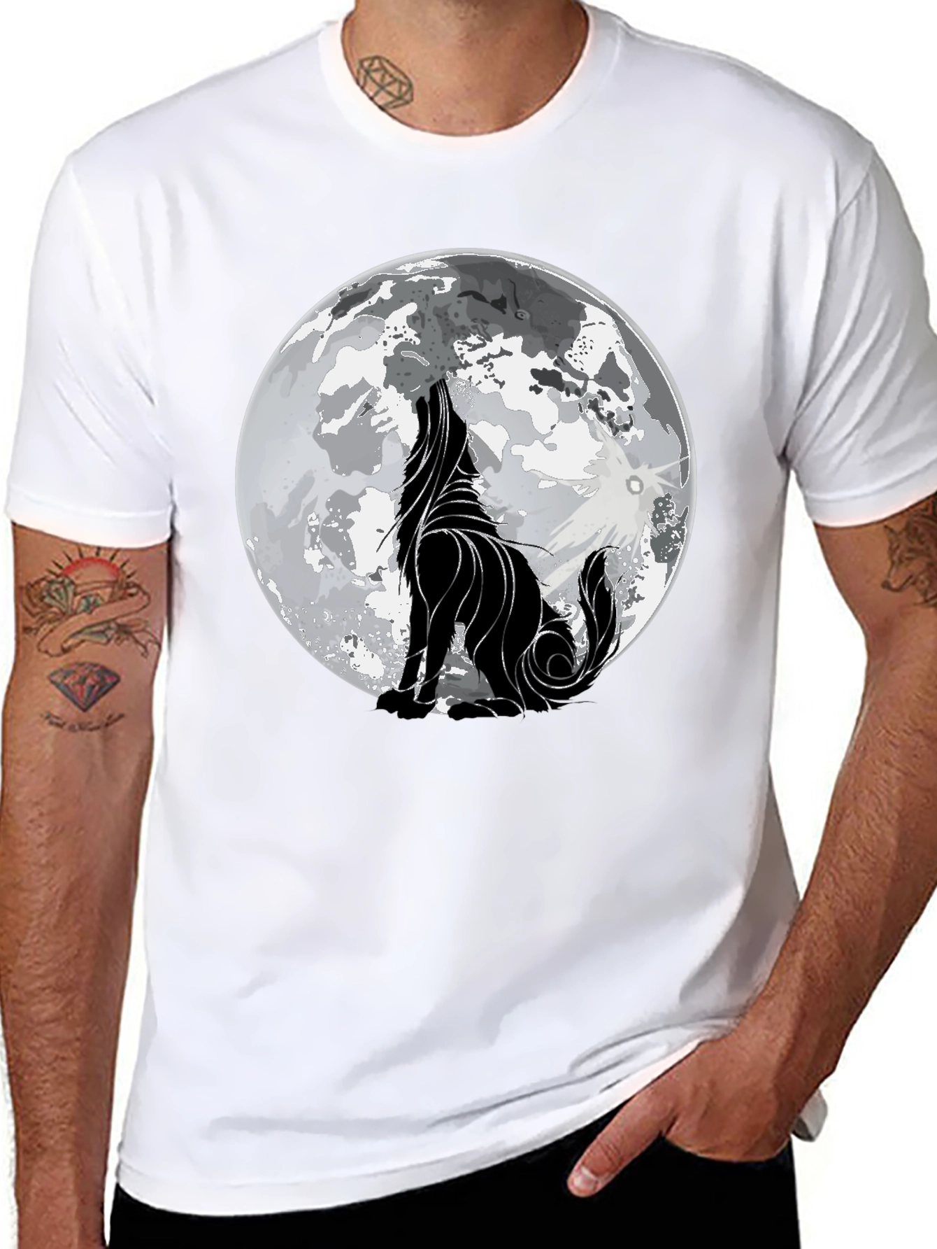 Camiseta Hombre Negra con Lobo Aullando a la Luna