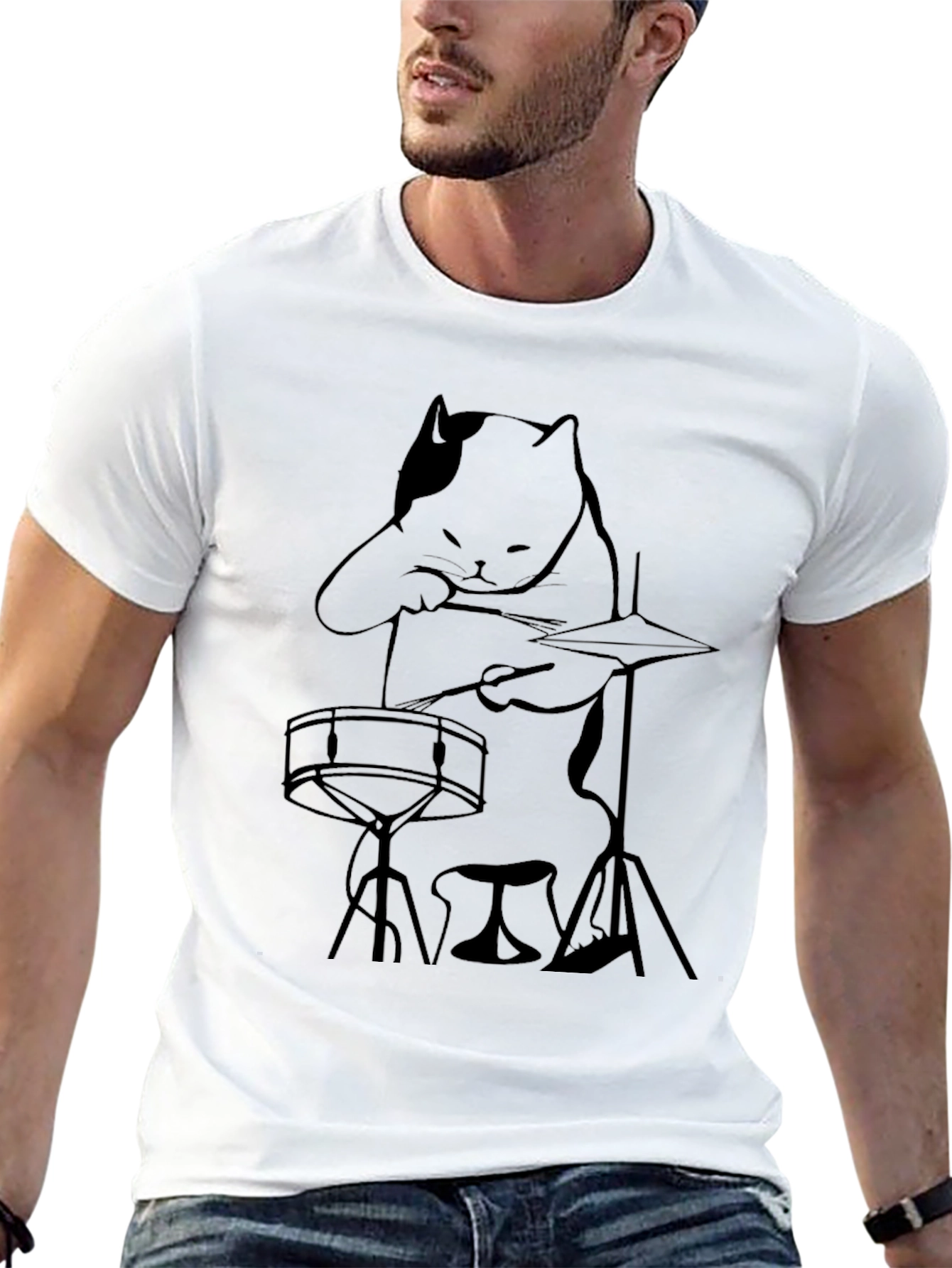 Camiseta Negra con Diseño de Gato Baterista