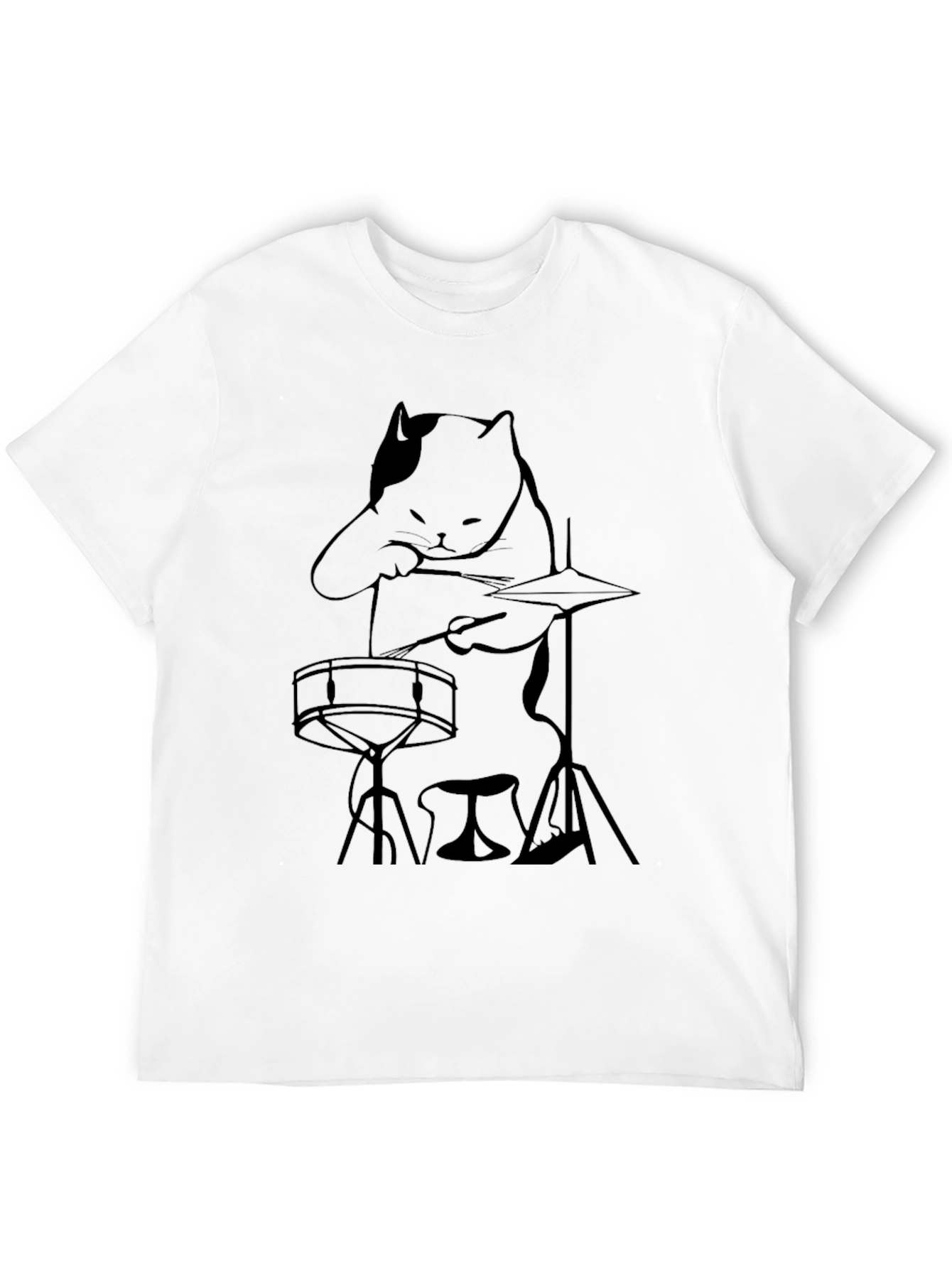 Camiseta Negra con Diseño de Gato Baterista