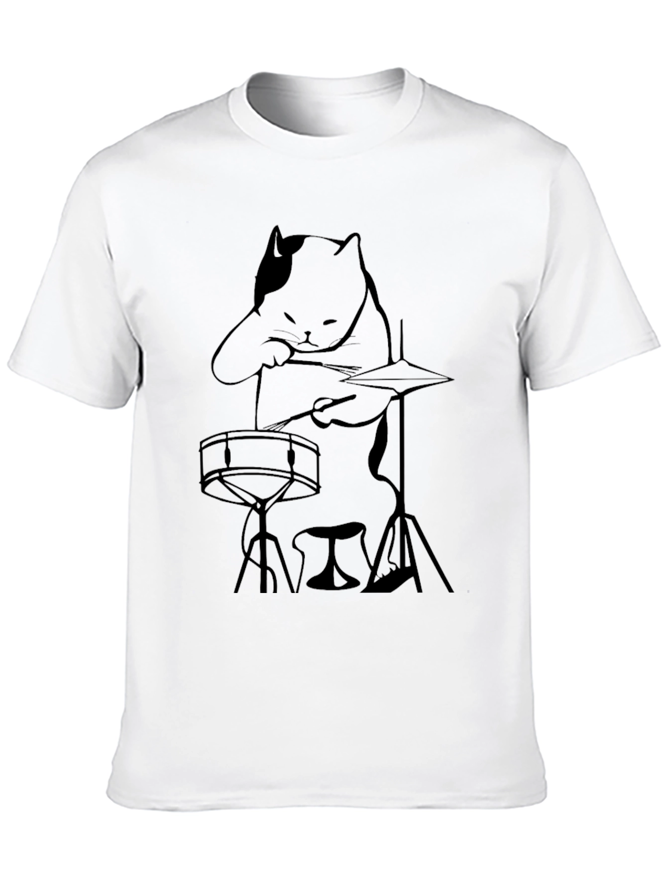 Camiseta Negra con Diseño de Gato Baterista