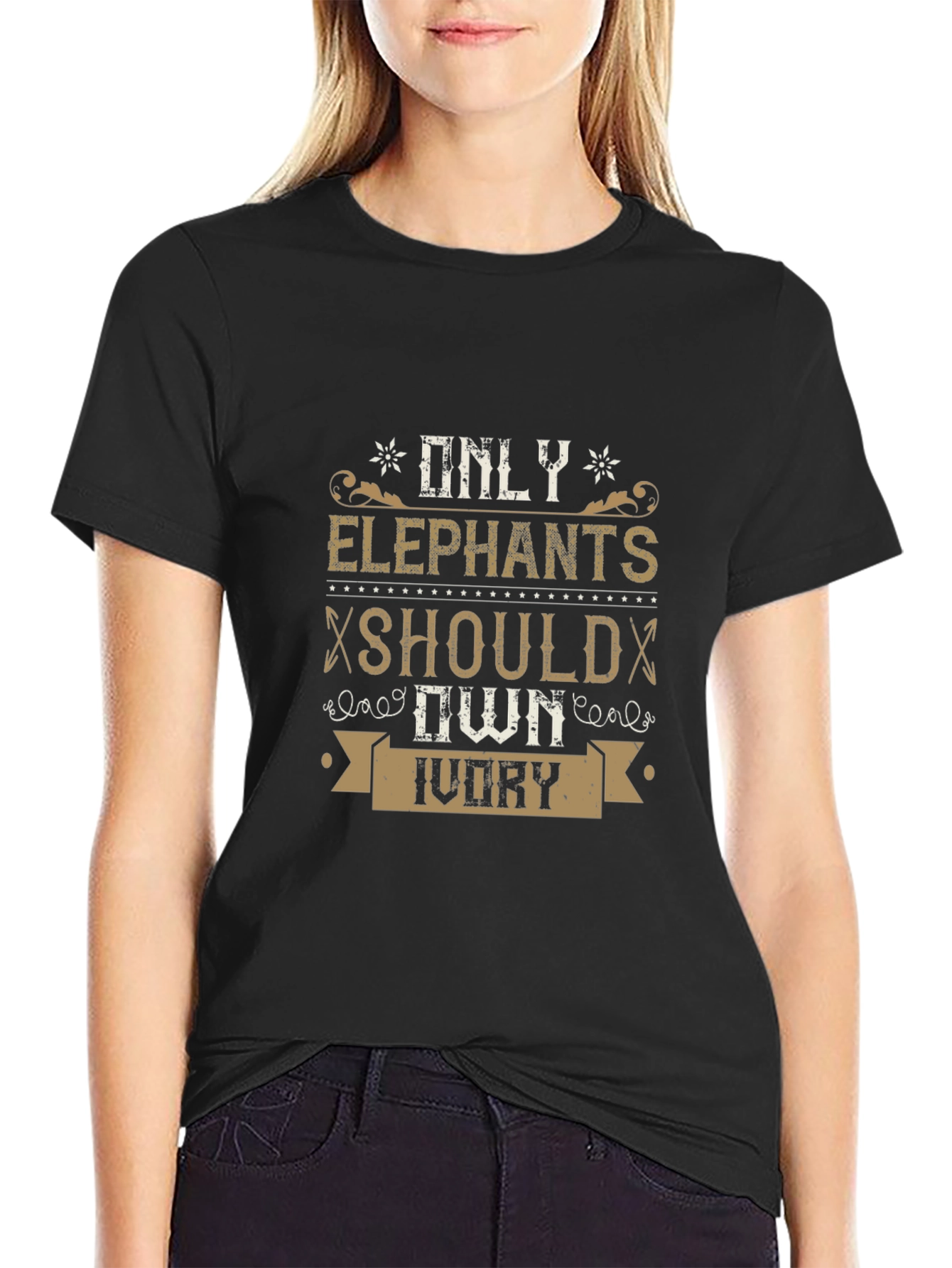 Camiseta Negra con Diseño Elefantes y Marfil