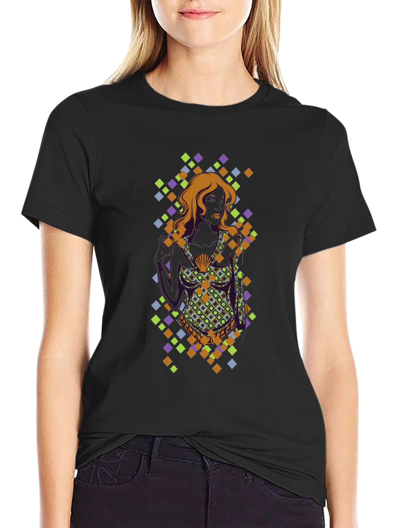 Camiseta Negra con Diseño Mujer y Diamantes