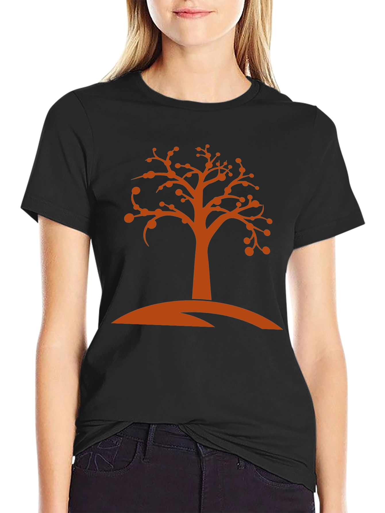 Camiseta Negra con Diseño de Árbol Naranja