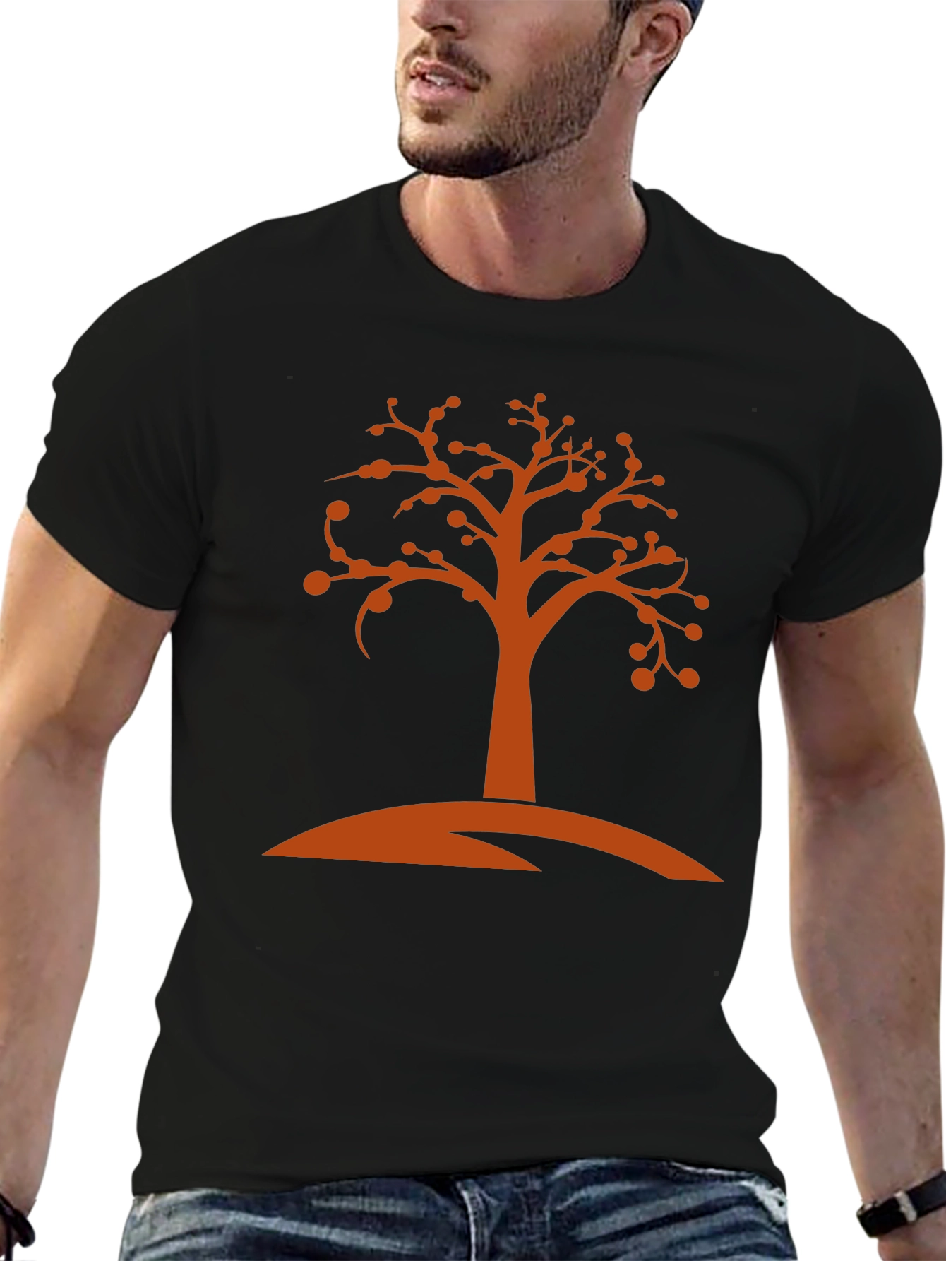 Camiseta Negra con Diseño de Árbol Naranja