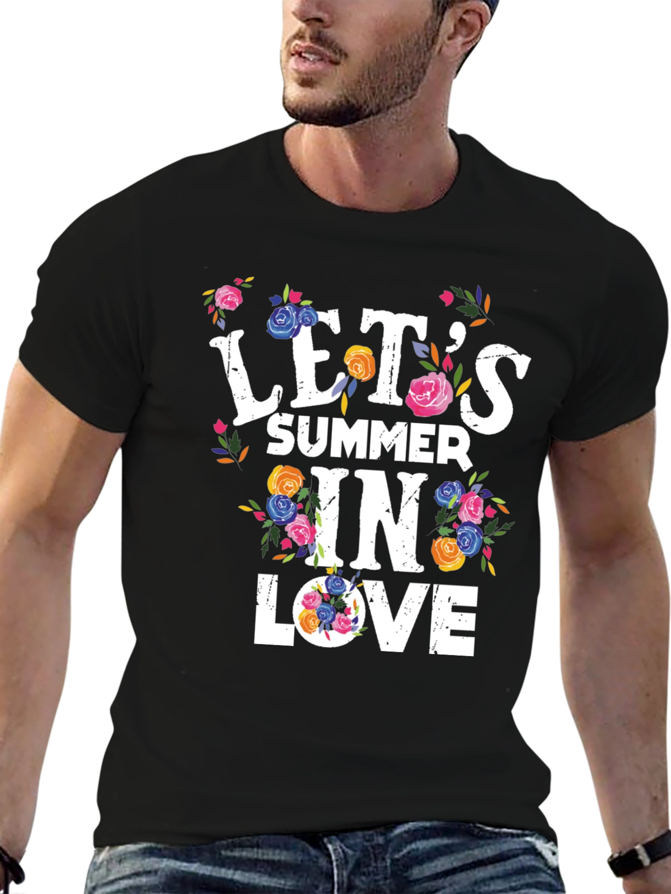 Camiseta Negra Estampada Floral Lets Summer in Love