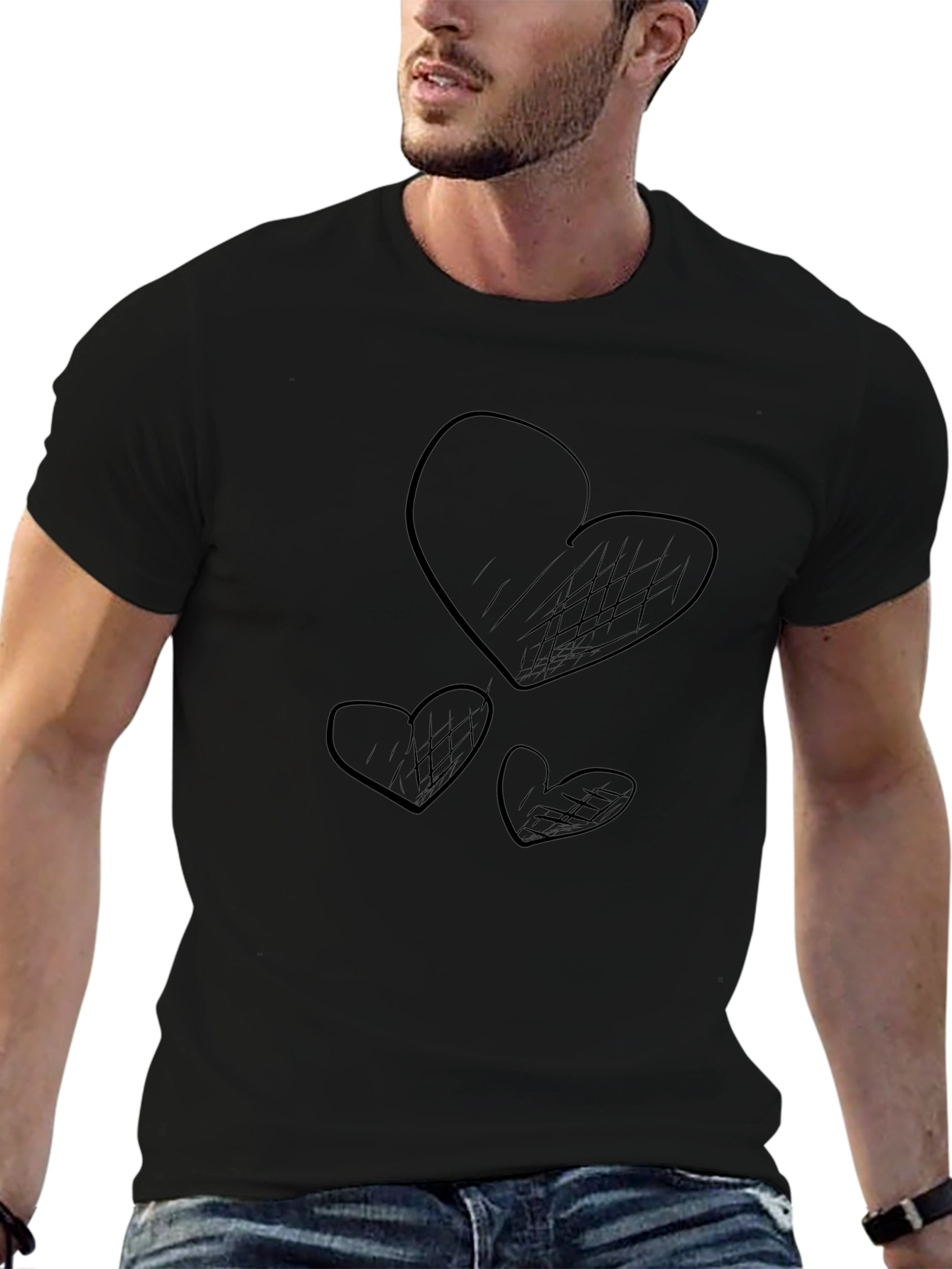 Camiseta Negra Corazones Dibujados Casual Hombre