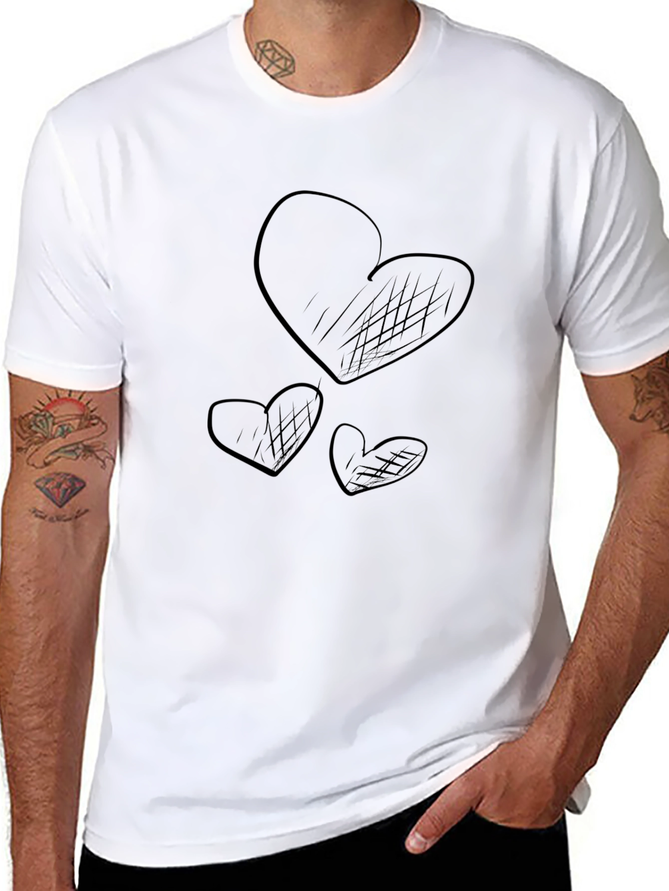 Camiseta Negra Corazones Dibujados Casual Hombre