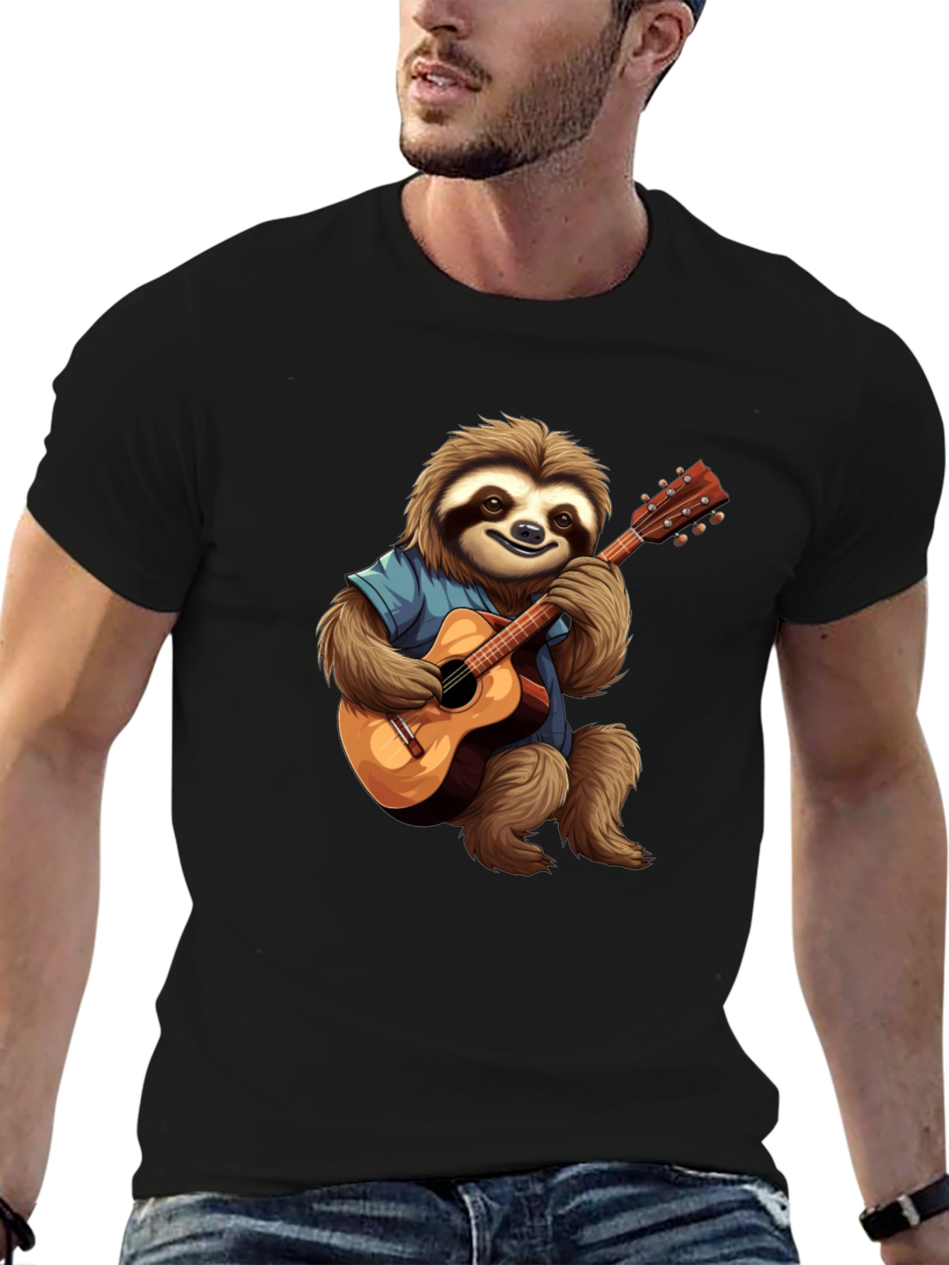Camiseta Negra con Diseño de Perezoso Guitarrista