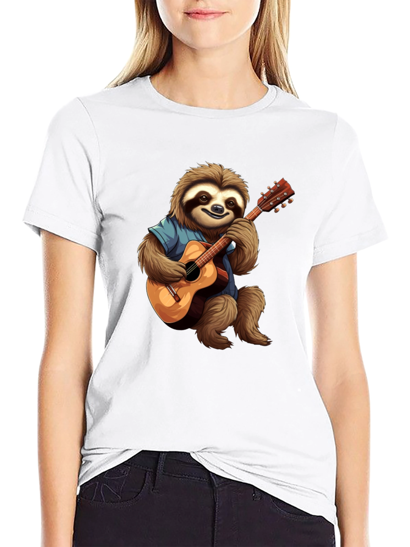 Camiseta Negra con Diseño de Perezoso Guitarrista