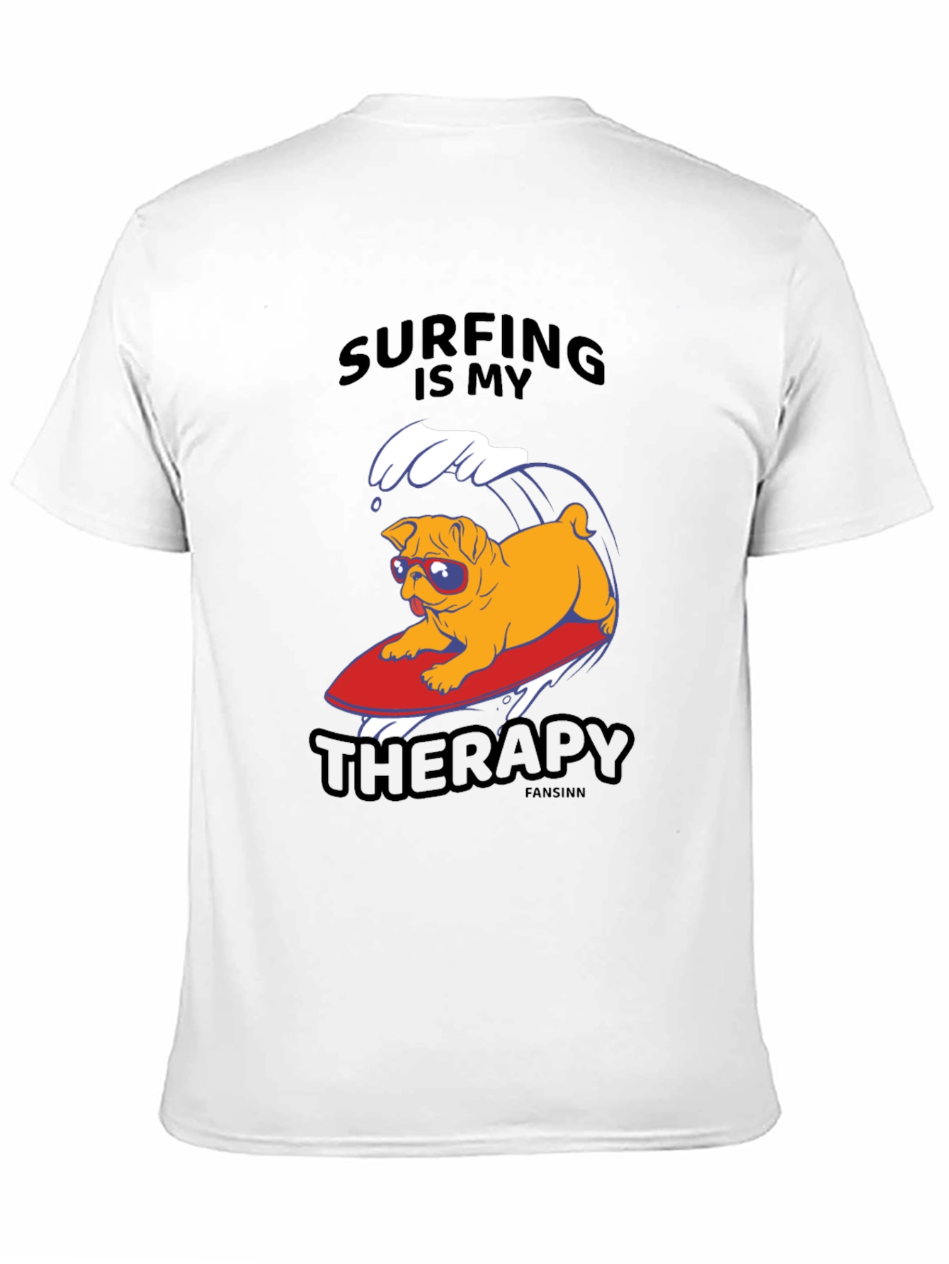 Camiseta Negra con Pug Surfeando: Terapia en Olas