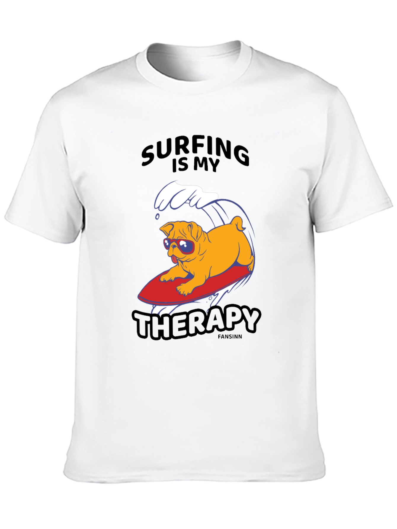 Camiseta Negra con Pug Surfeando: Terapia en Olas