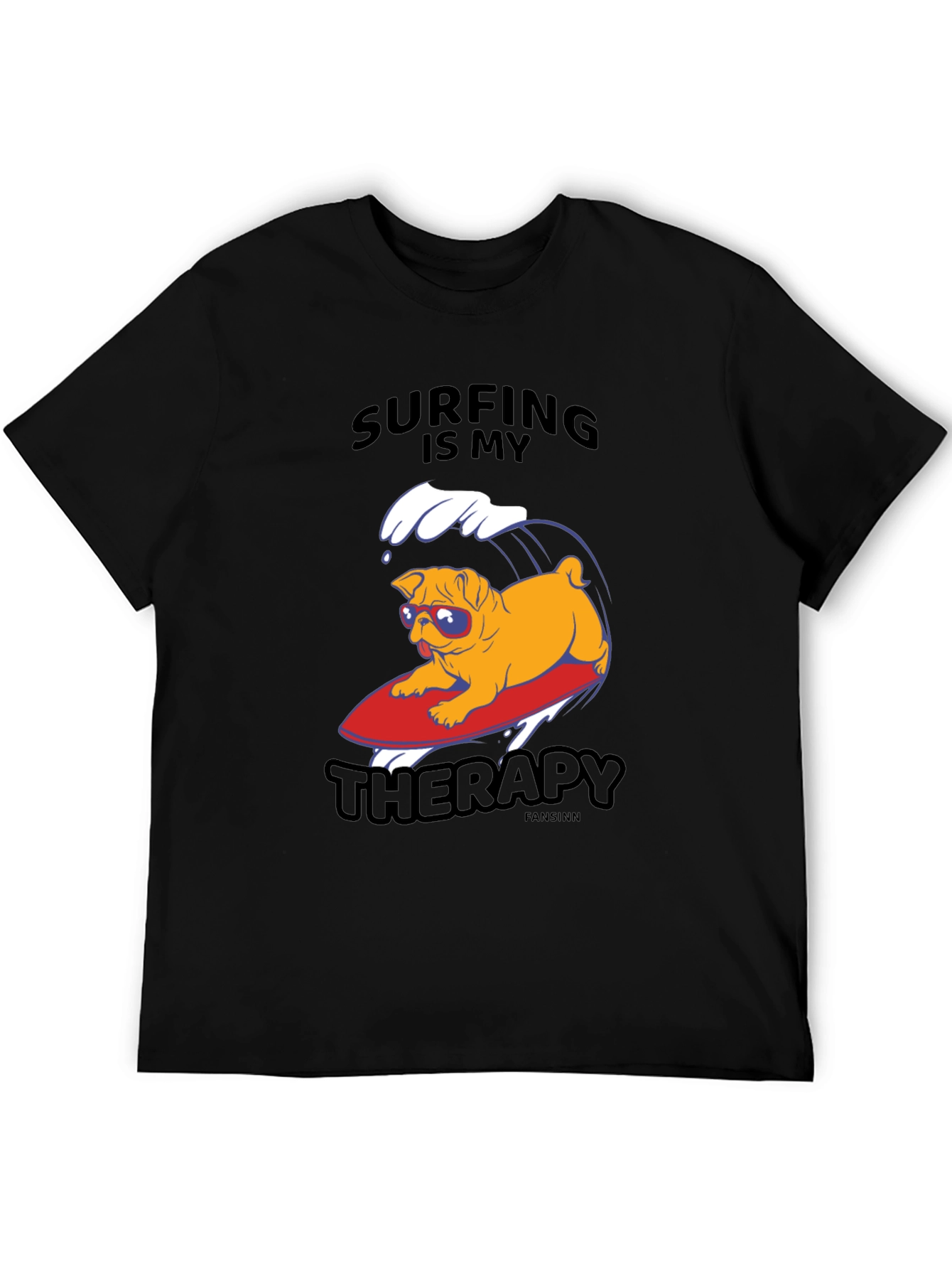 Camiseta Negra con Pug Surfeando: Terapia en Olas
