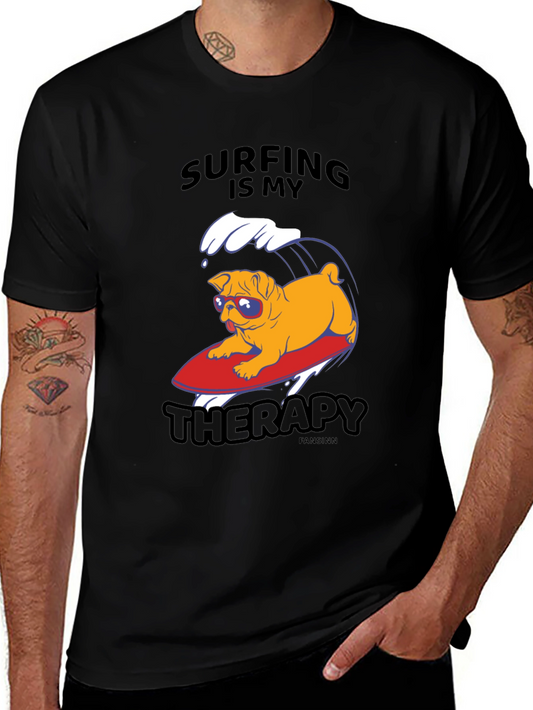 Camiseta Negra con Pug Surfeando: Terapia en Olas