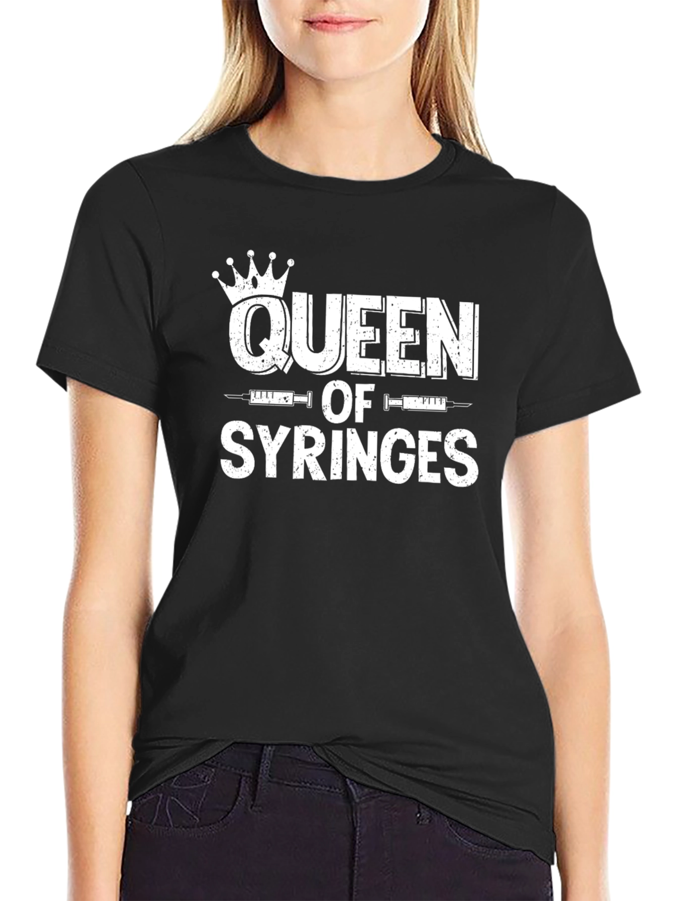 Camiseta Negra Queen of Syringes para Enfermeras