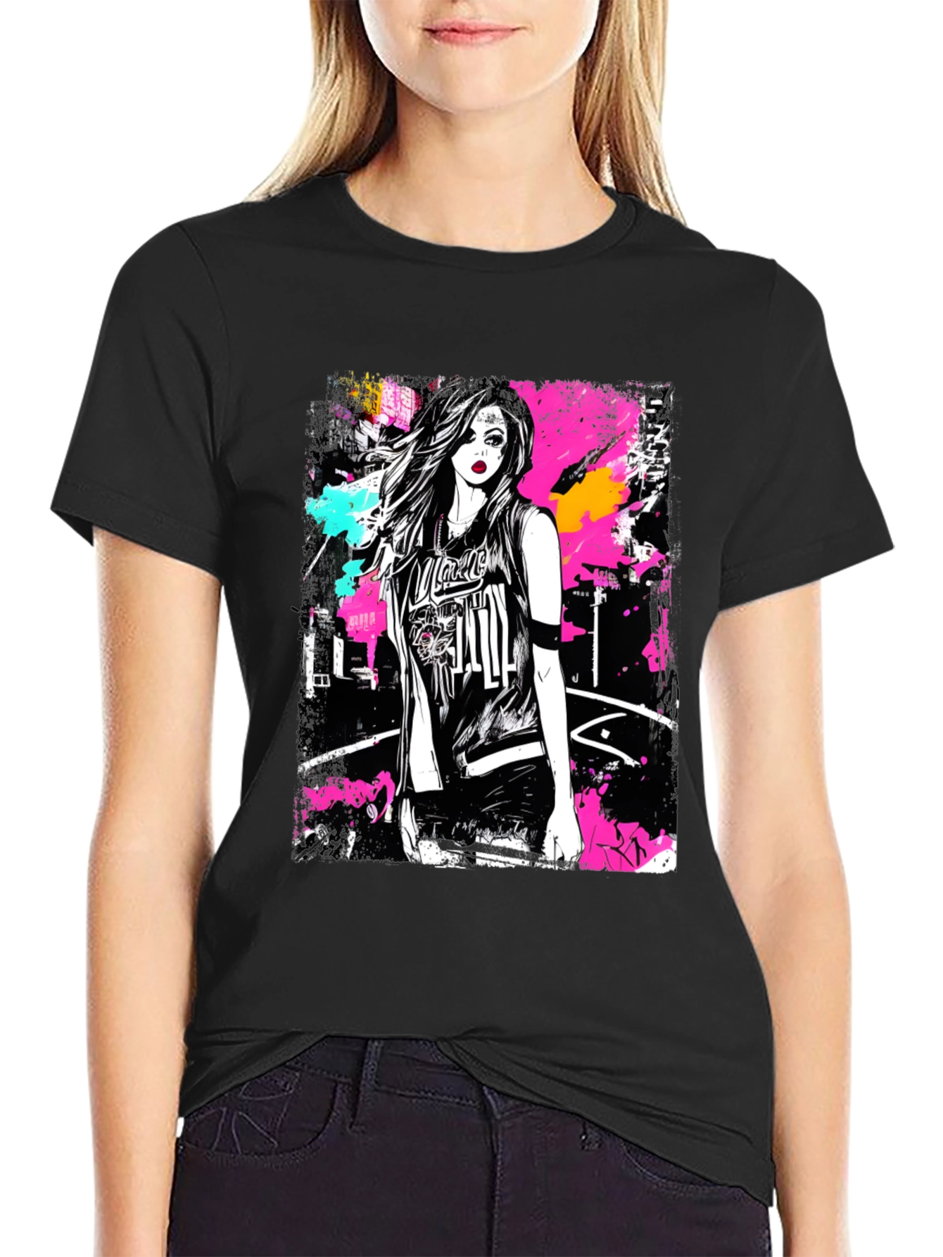 Camiseta Negra Estampada con Diseño Urbano