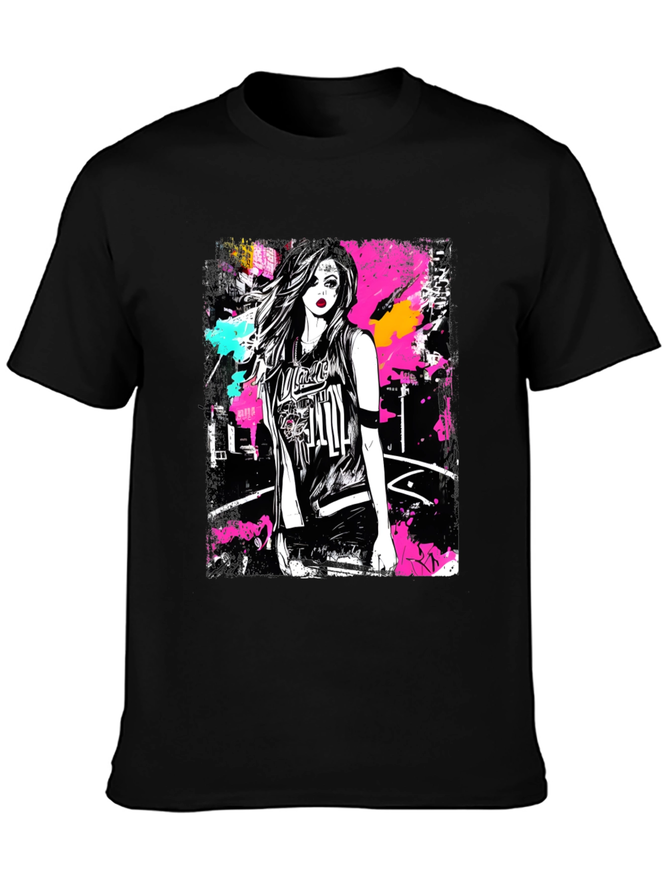 Camiseta Negra Estampada con Diseño Urbano
