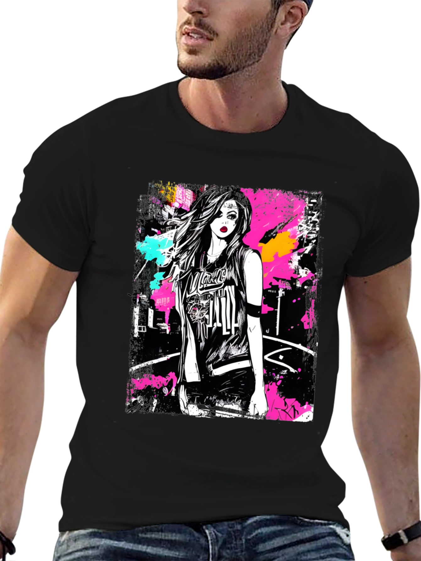 Camiseta Negra Estampada con Diseño Urbano