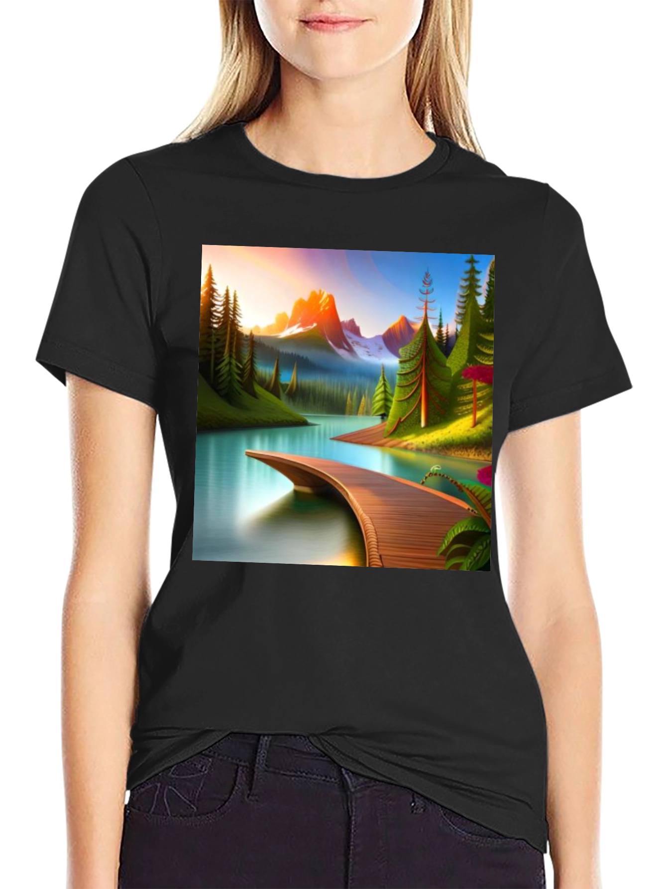 Camiseta Negra con Diseño de Paisaje Montañoso