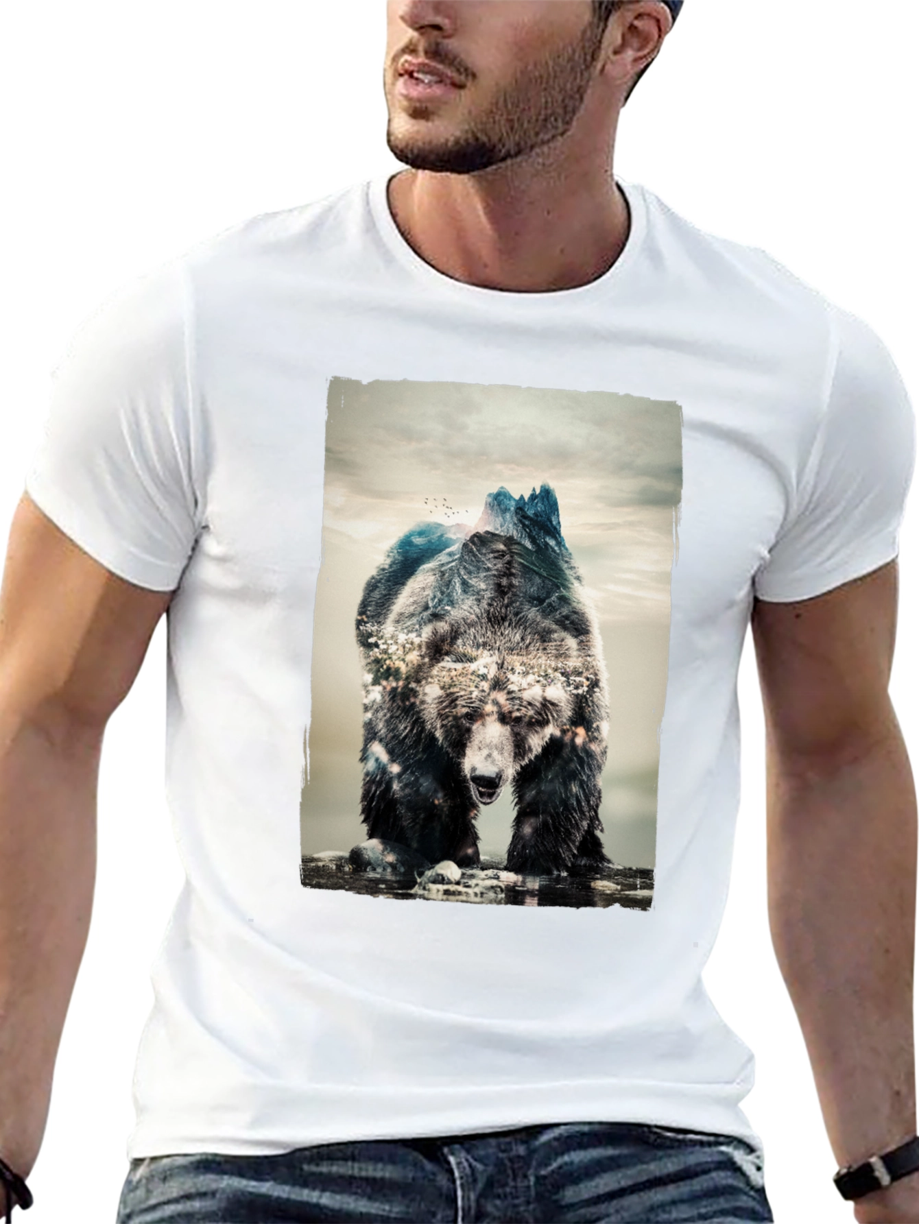 Camiseta Negra con Diseño de Oso y Montañas