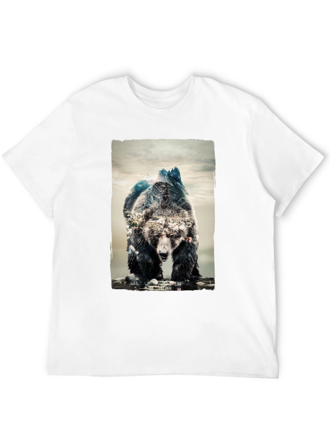 Camiseta Negra con Diseño de Oso y Montañas