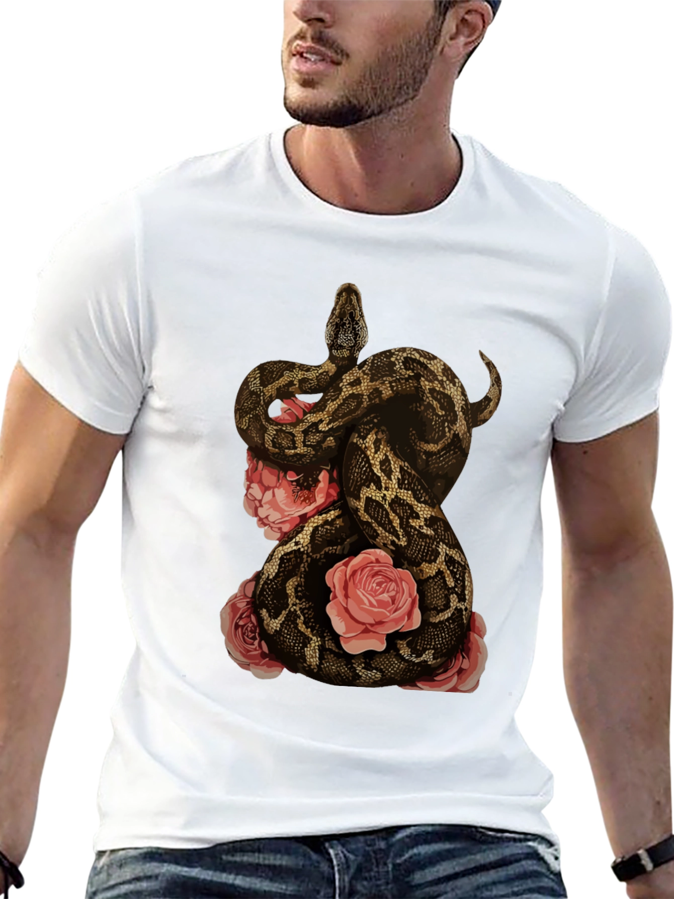 Camiseta Negra con Diseño de Serpiente y Rosas