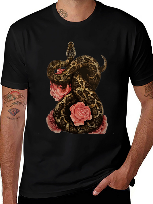 Camiseta Negra con Diseño de Serpiente y Rosas