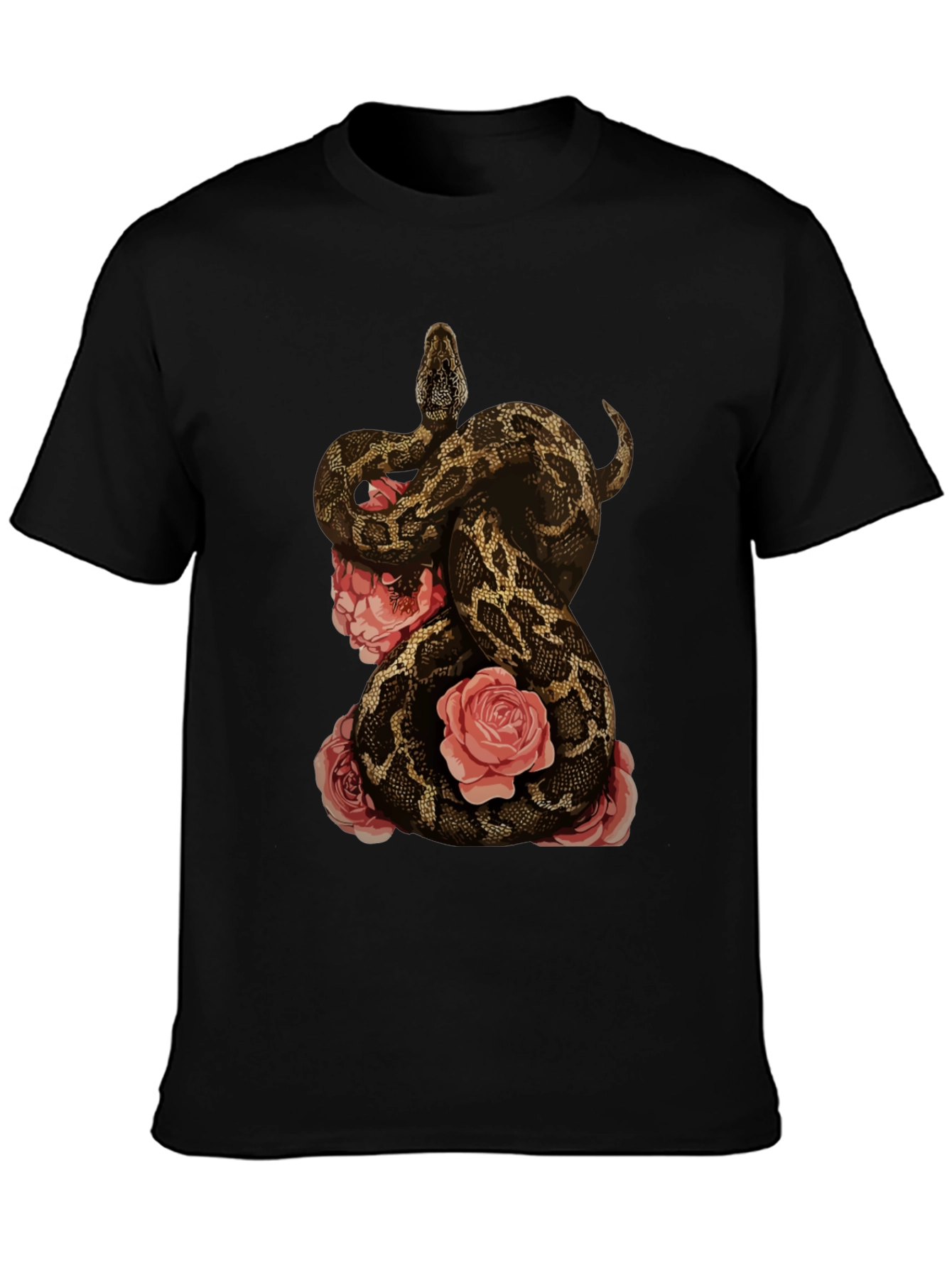 Camiseta Negra con Diseño de Serpiente y Rosas