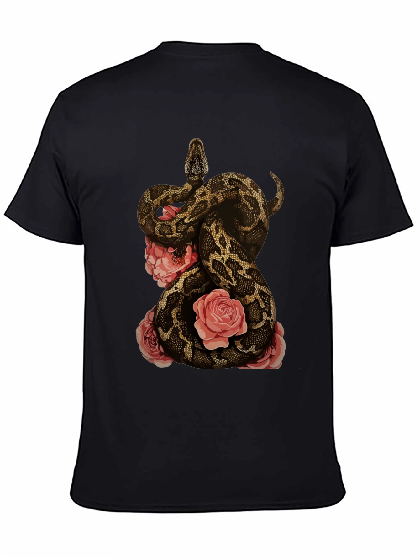 Camiseta Negra con Diseño de Serpiente y Rosas