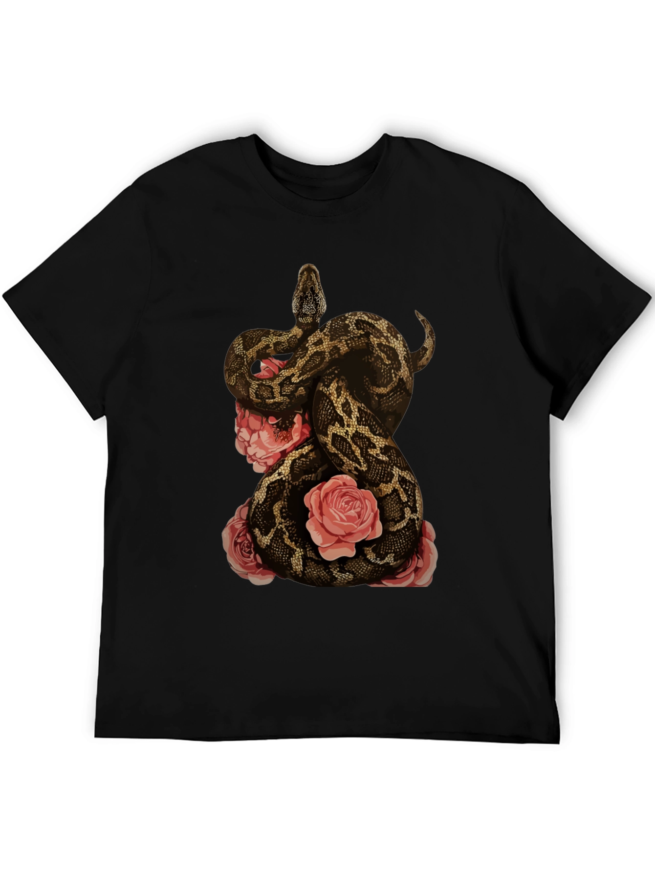 Camiseta Negra con Diseño de Serpiente y Rosas