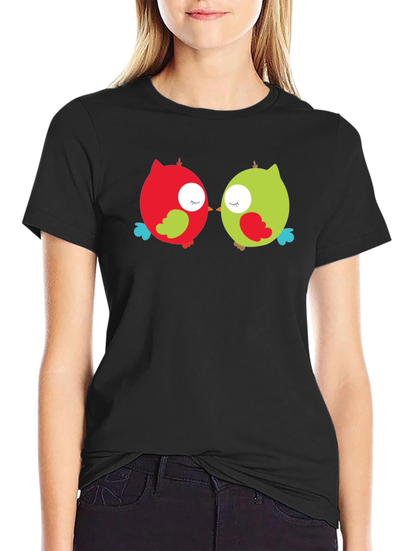 Camiseta Negra con Diseño de Búhos Enamorados