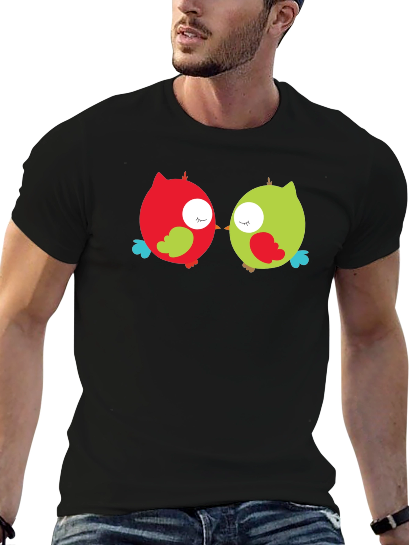 Camiseta Negra con Diseño de Búhos Enamorados
