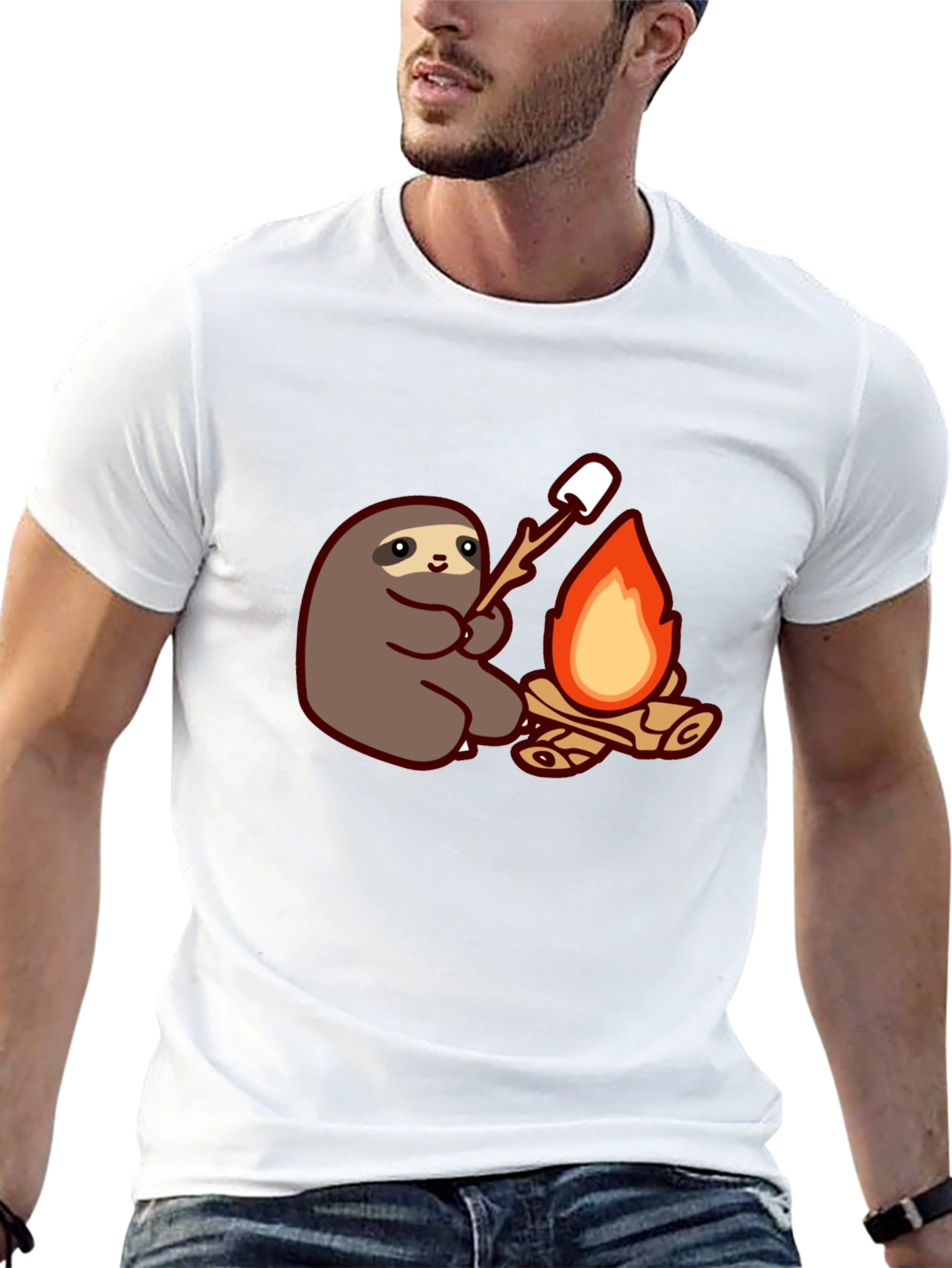 Camiseta Negra con Diseño de Perezoso Asando Malvaviscos