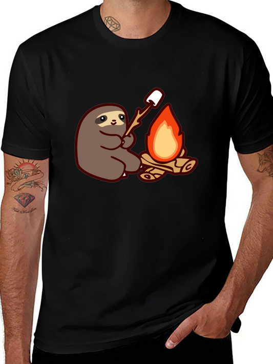 Camiseta Negra con Diseño de Perezoso Asando Malvaviscos